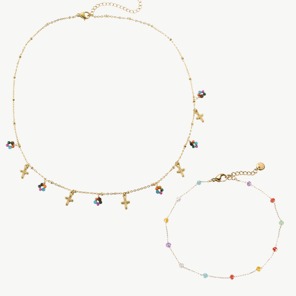 sommer schmuck, summer set schmuck, sommer set schmuck, goldschmuck set, armband bunte perlen in gold, schöne halskette gold für den sommer, bunte perlen schmuck, goldenes armband modeschmuck, modeschmuck gute qualität, kreuzkette, halskette mit kreuz, halskette gold mit kreutz, schmuck für frauen in gold, fancy goldschmuck, hippie goldschmuck, hippie style halskette, geschenkideen schmuck damen, summer essentials schmuck