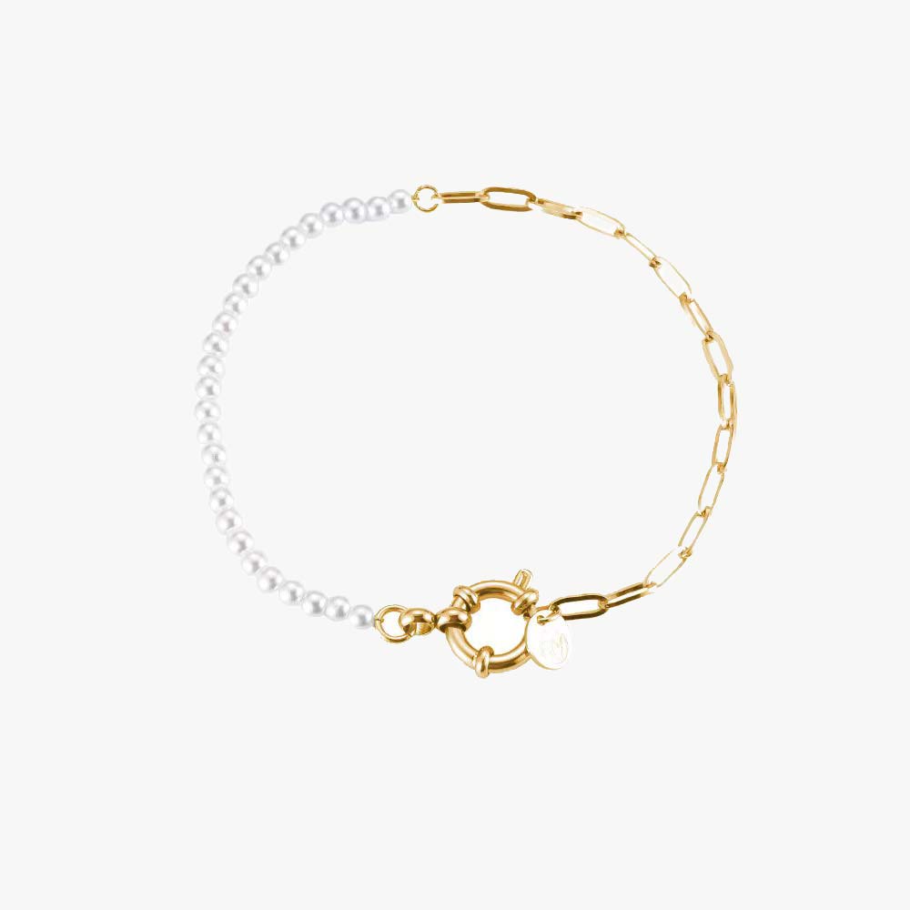 half perl gold chain bracelet, halb gold halb perlen armband, perlenarmband, büroklammer armband, büroklammer armband gold, half pearl bracelet, chain and pearls armband, armband edelstahl vergoldet, perlen piece armband, stilvolles armband