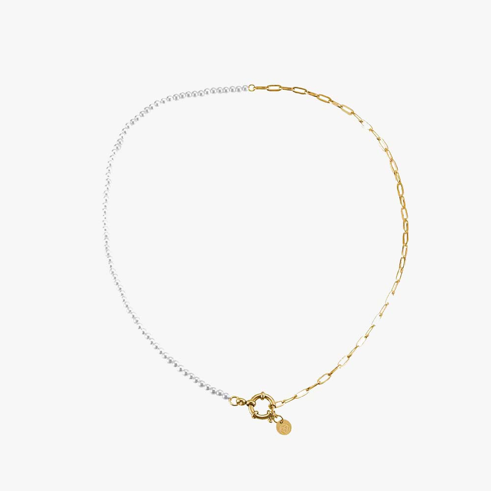 halskette damen gold perlen, gliederkette, vergoldete kette, choker kette, choker halskette, zierliche perlenkette, modische halskette, edle halskette, modeschmuck edel, hochwertiger modeschmuck, stilvolle choker-halskette, perfektes geschenk, perfektes schmuckgseschenk, büroklammerkette